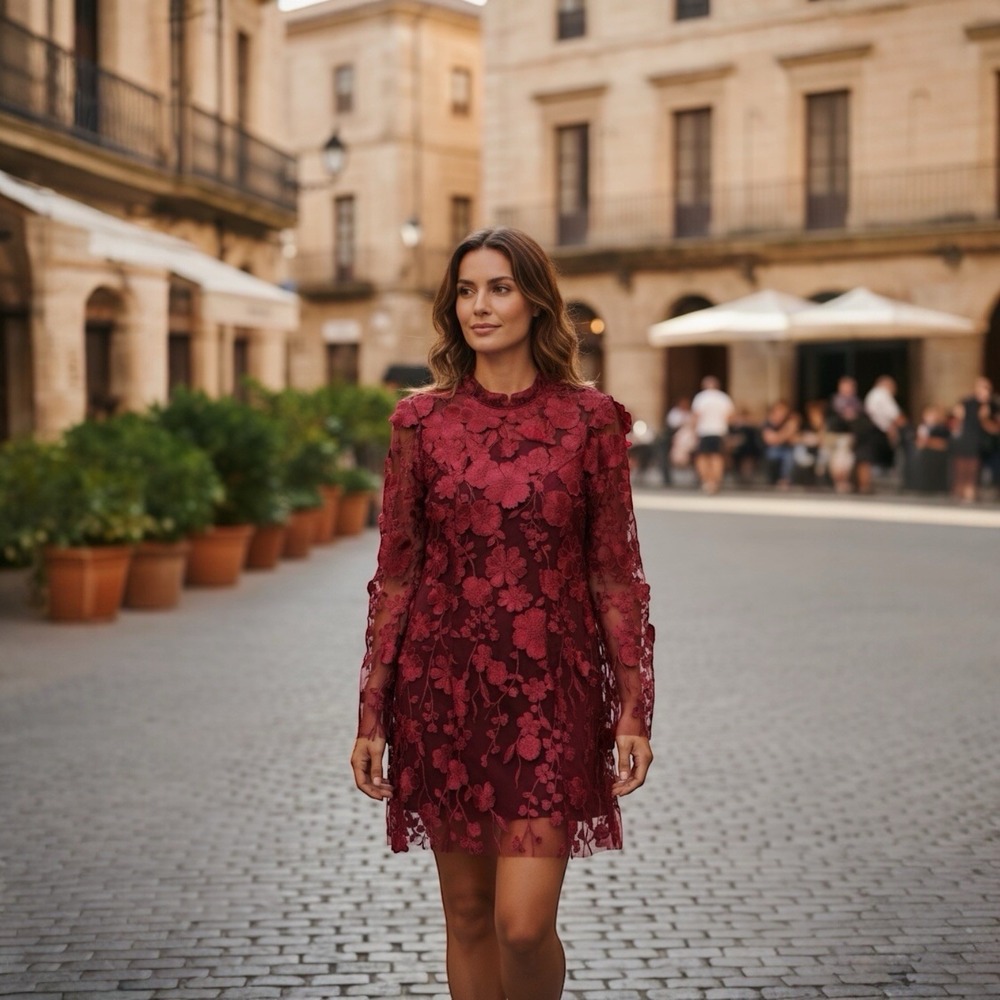 Women' Party Dress Large Burgundy Floral Embroidery Mesh Long Sleeve Date Night